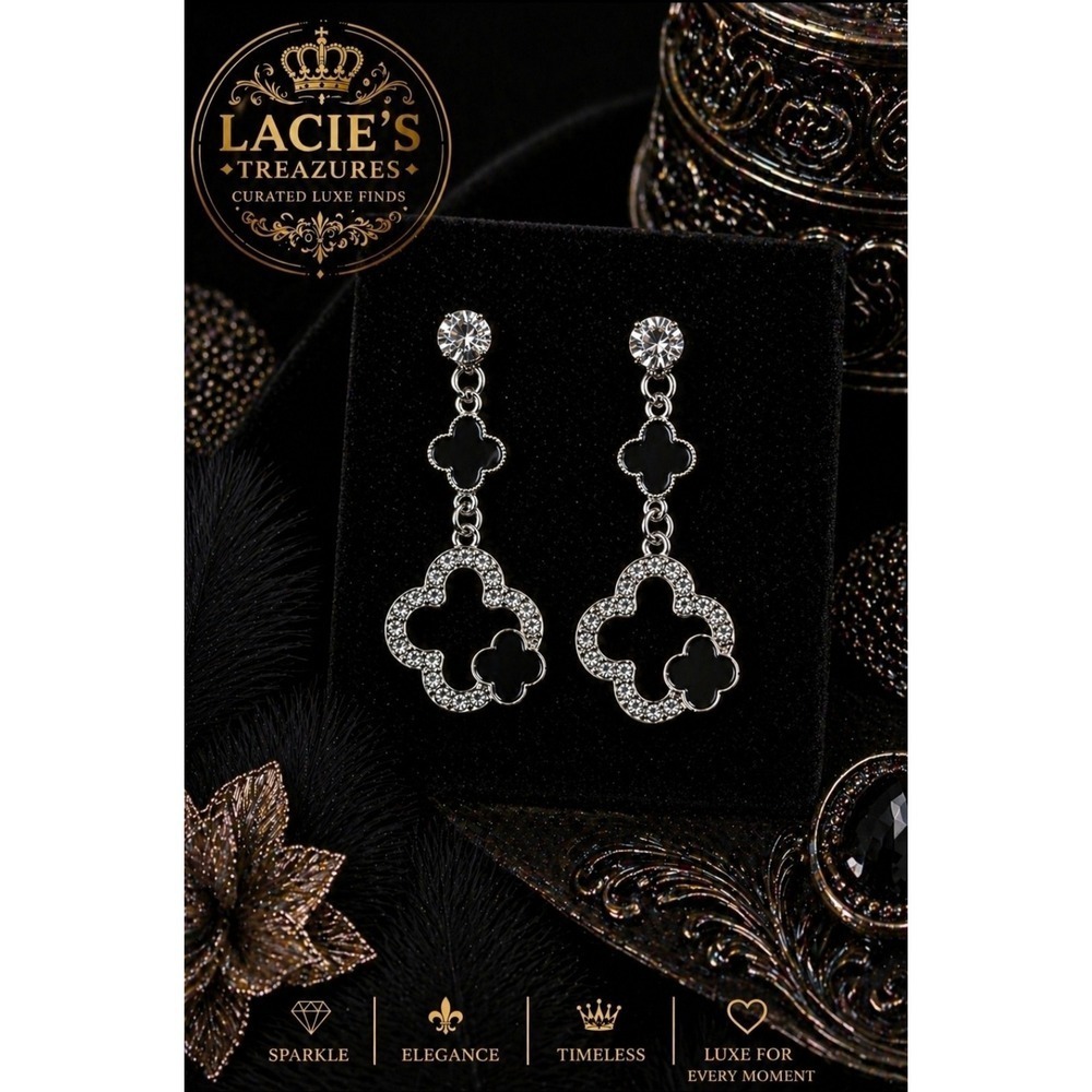Black Clover Rhinestone Drop Earrings | Silver Tone Glam Luxe Dangle Earrings